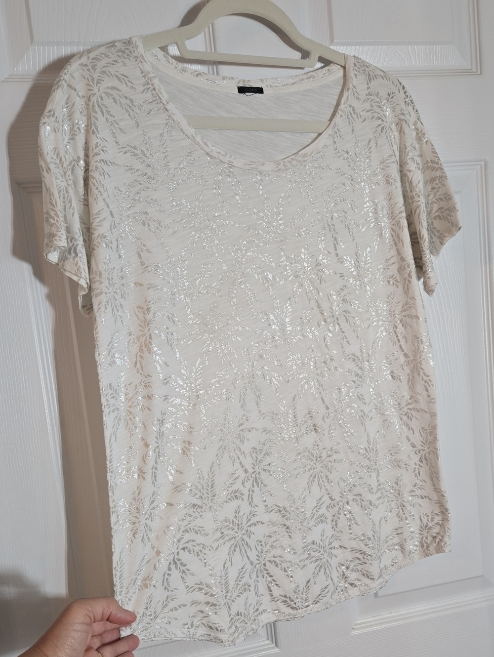 J. Crew Metallic-Print Cream Short Sleeve Scoop Neck Top